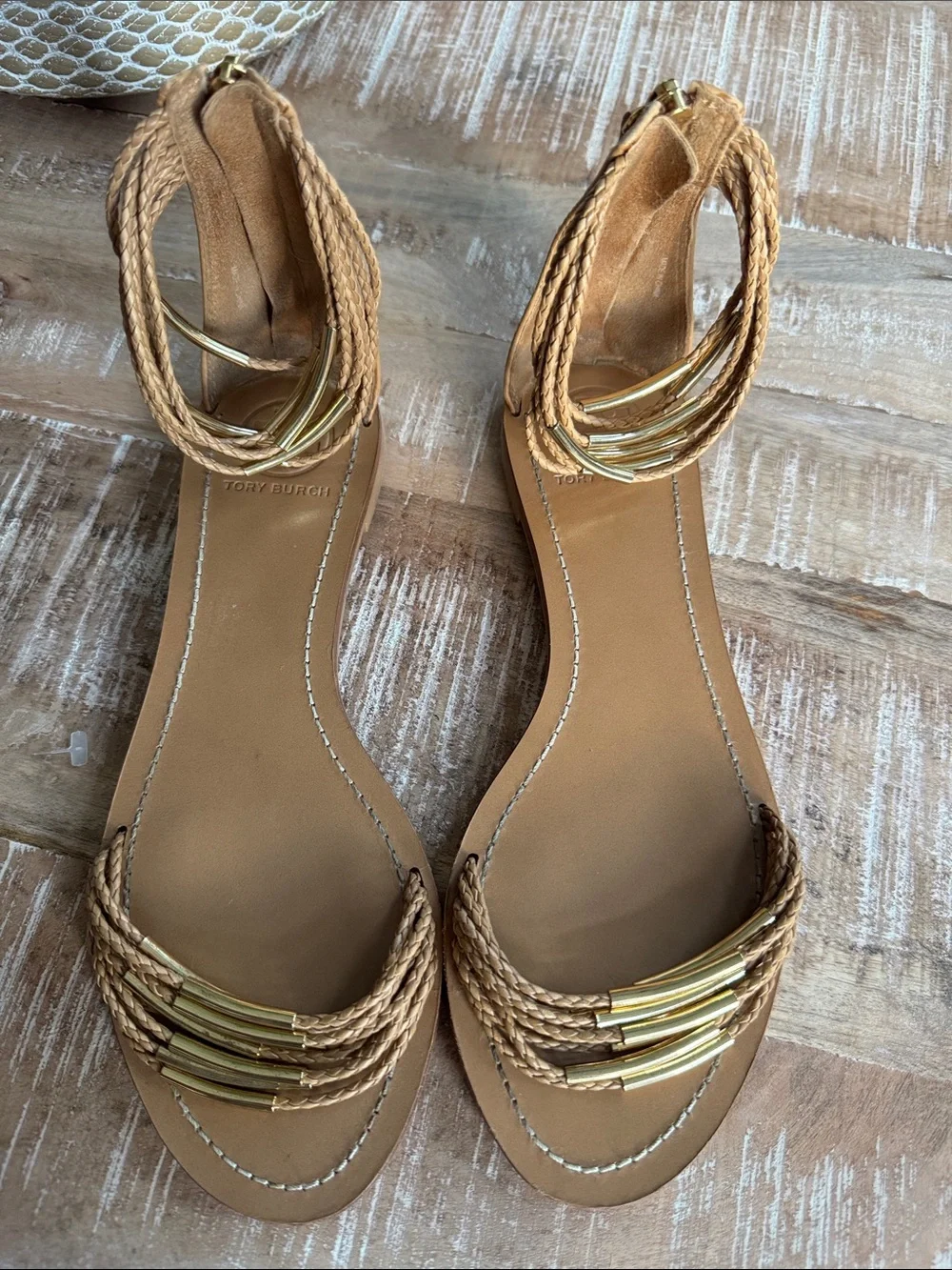 Tory Burch Tan Leather Mignon Braided Flat Sandals Size 9